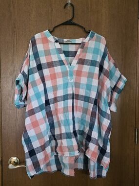 St. John's Bay Coral, Teal & Navy Plaid V-Neck Tunic
